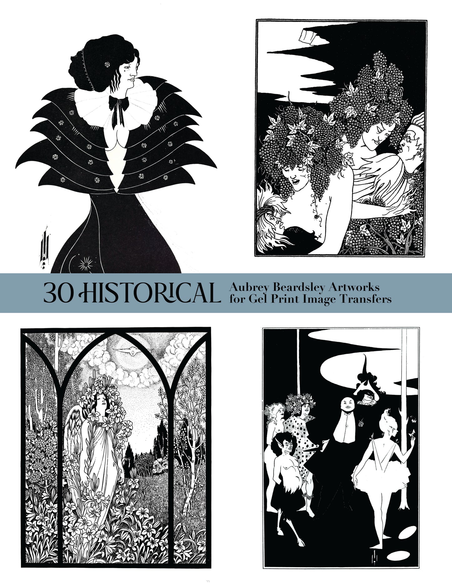 A collage of four black-and-white Art Deco style illustrations with a central gray banner reading '30 HISTORICAL Aubrey Beardsley Artworks for Gel Print Image Transfers.' The artwork appears is a product being sold.