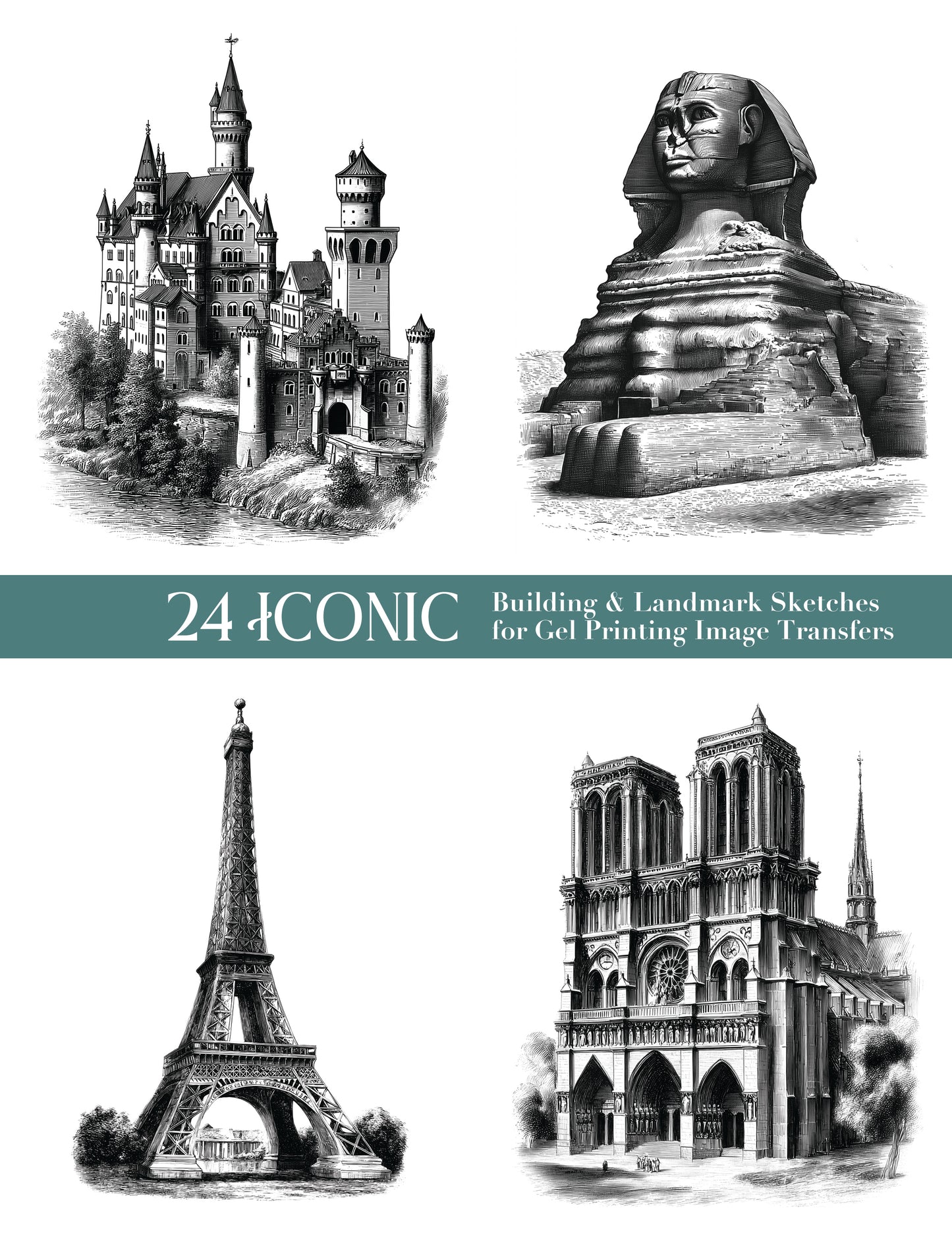 24 Iconic Building & Landmark Sketches for Gel Printing Image Transfers