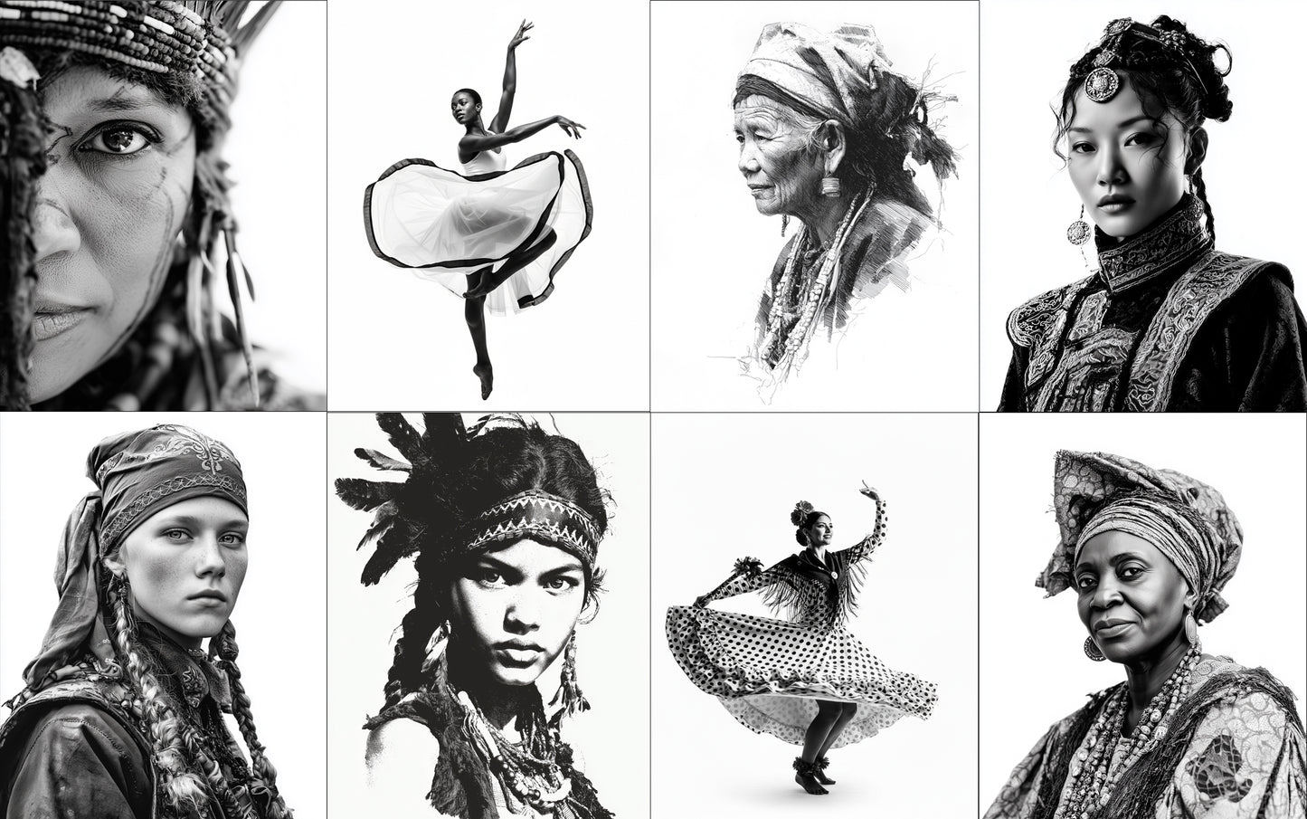 Black and white collage of people wearing traditional headscarves and headdresses.