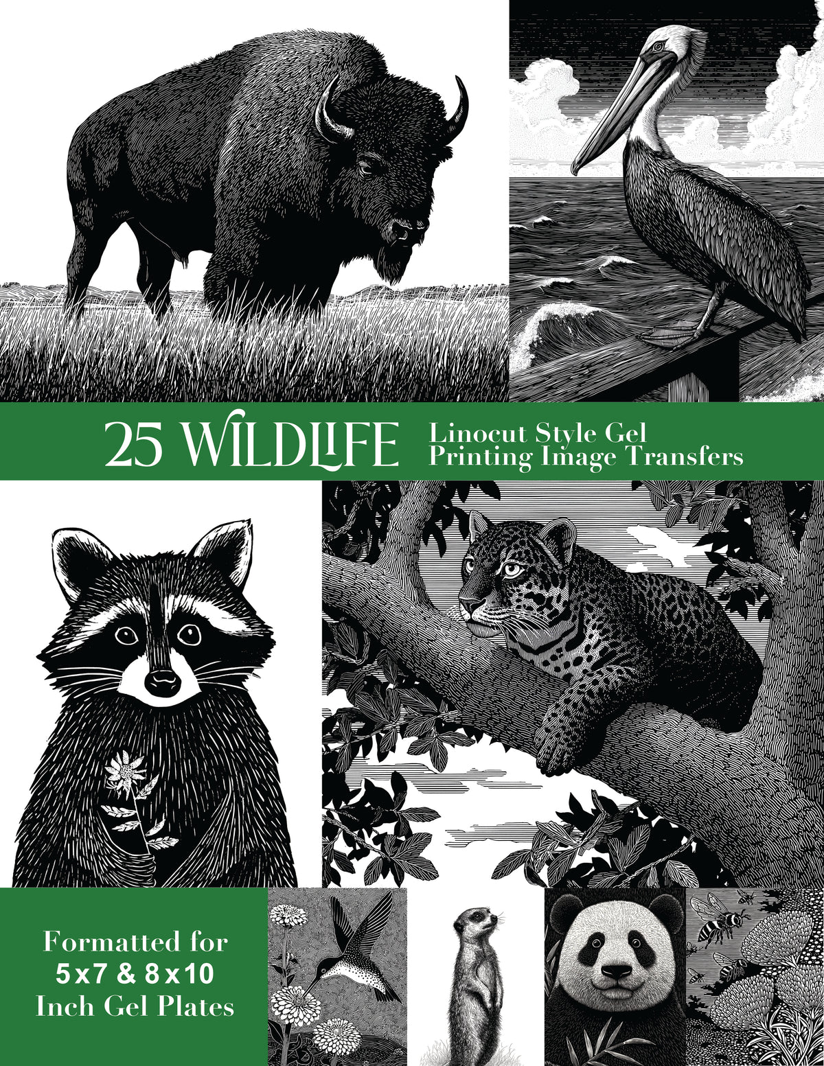 25 Wildlife Linocut Style Gel Printing Image Transfers