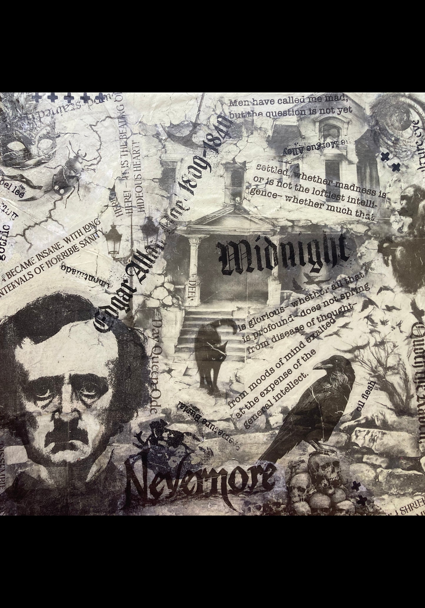 Collage with Edgar Allan Poe's face, a raven, and text on a dark background