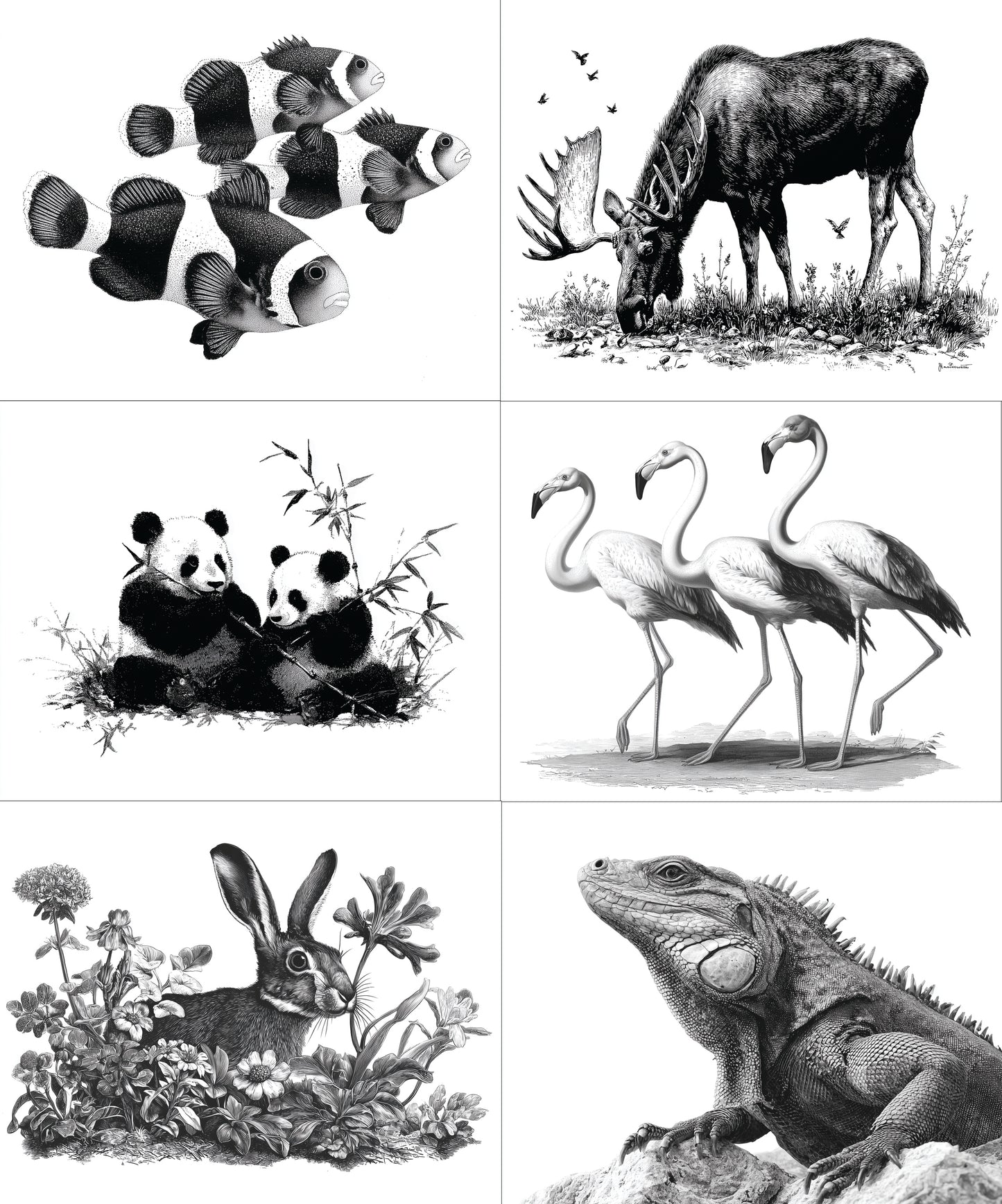 Set of six black and white illustrations of various animals including fish, moose, pandas, flamingos, a rabbit, and a lizard.
