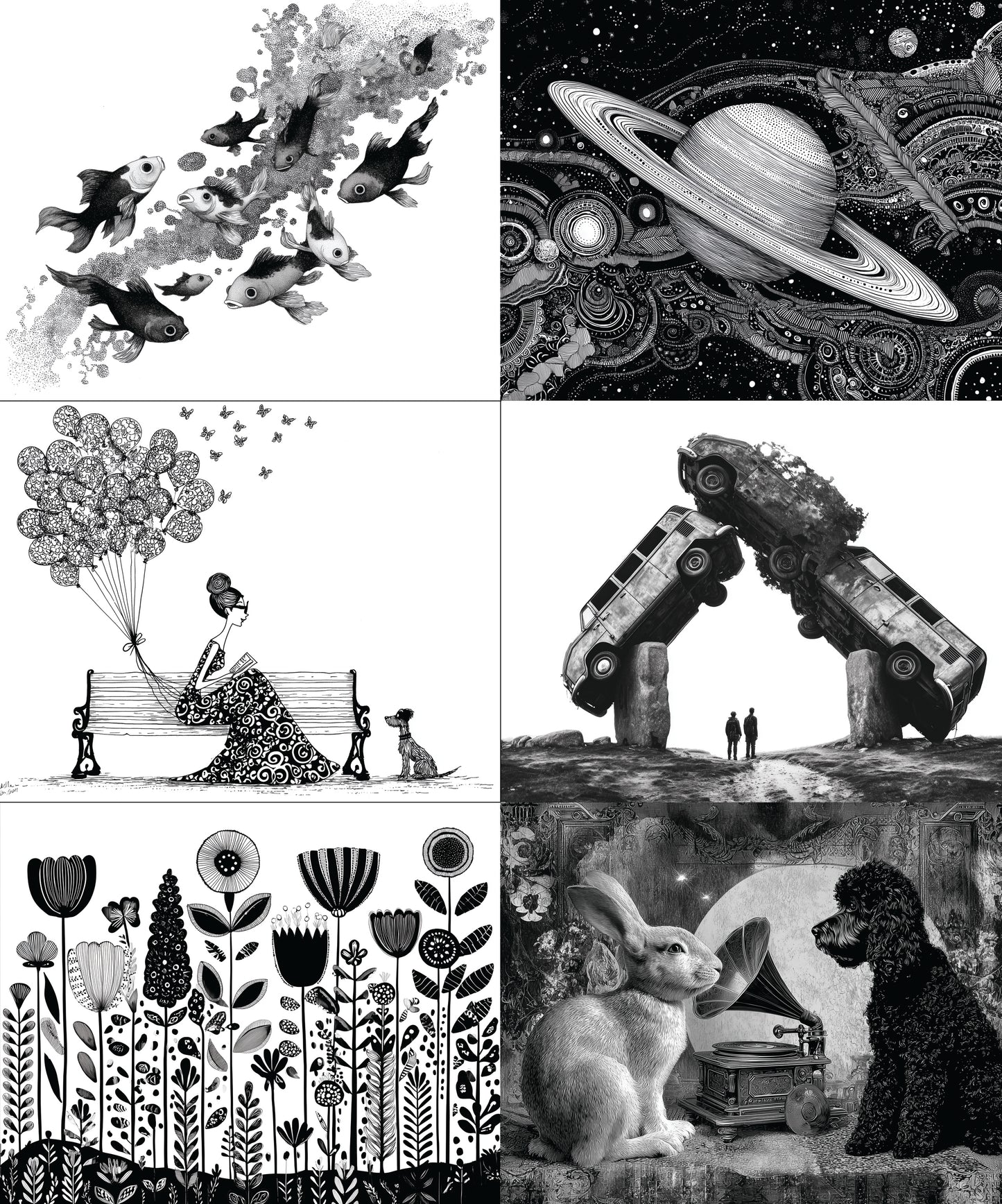 Collage of various black and white illustrations including a woman with balloons, a space scene with Saturn, a bench with a woman and dog, a car accident, and two dogs greeting each other.