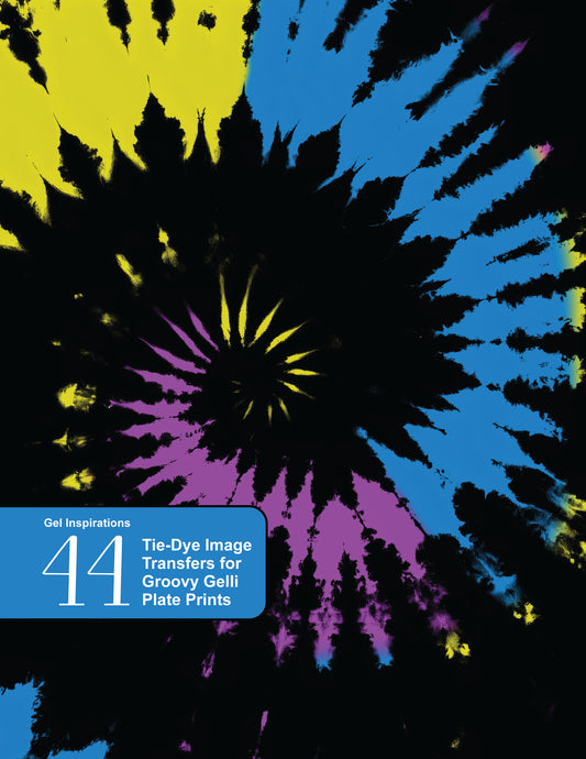 Shows cover for 44 tie‑dye and shibori high‑contrast printable images for Gelli Plate transfers