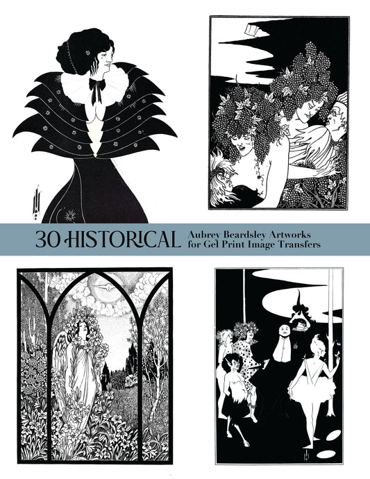 A collage of four black-and-white Art Deco style illustrations with a central gray banner reading '30 HISTORICAL Aubrey Beardsley Artworks for Gel Print Image Transfers.' The artwork appears is a product being sold.