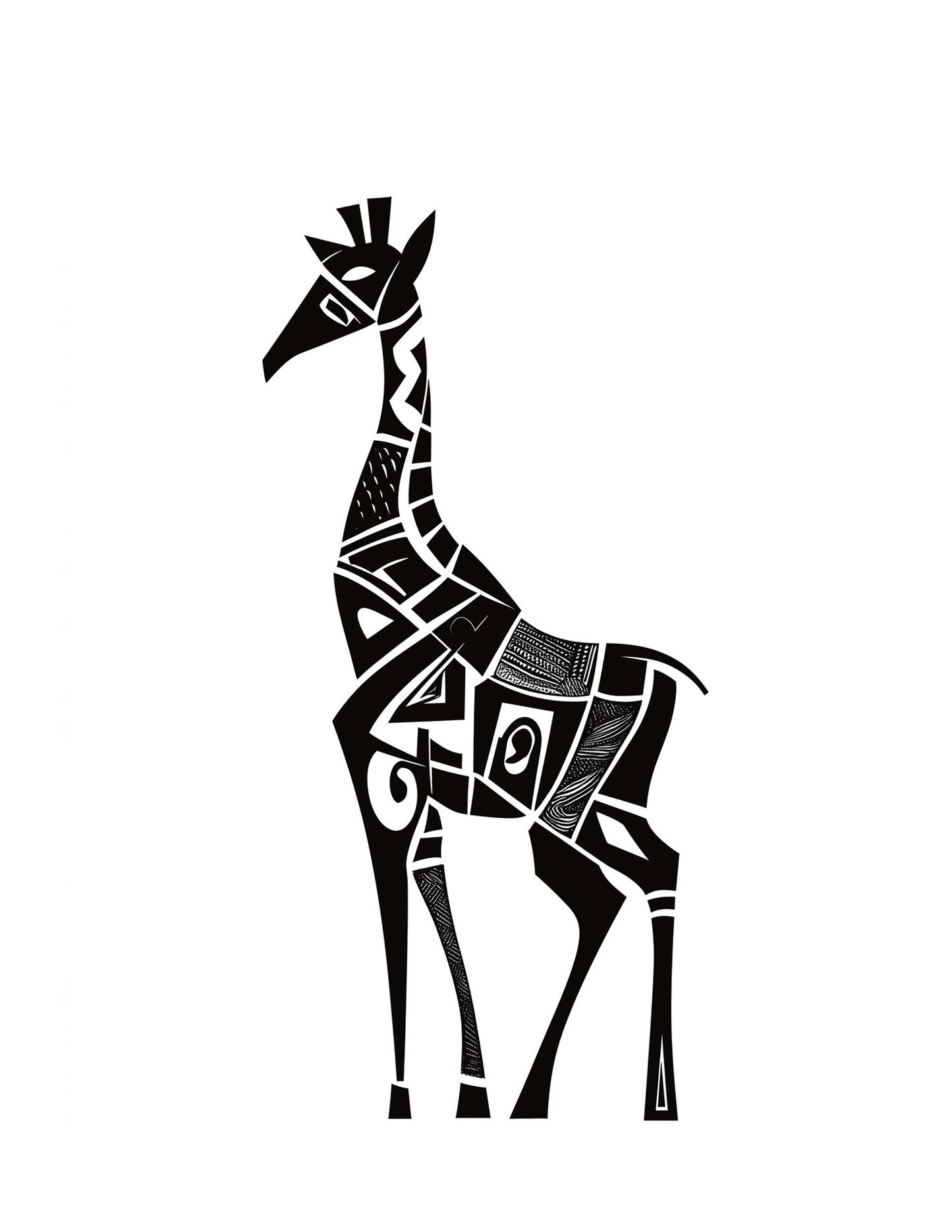 Black and white stylized giraffe illustration on a white background for gel art printing