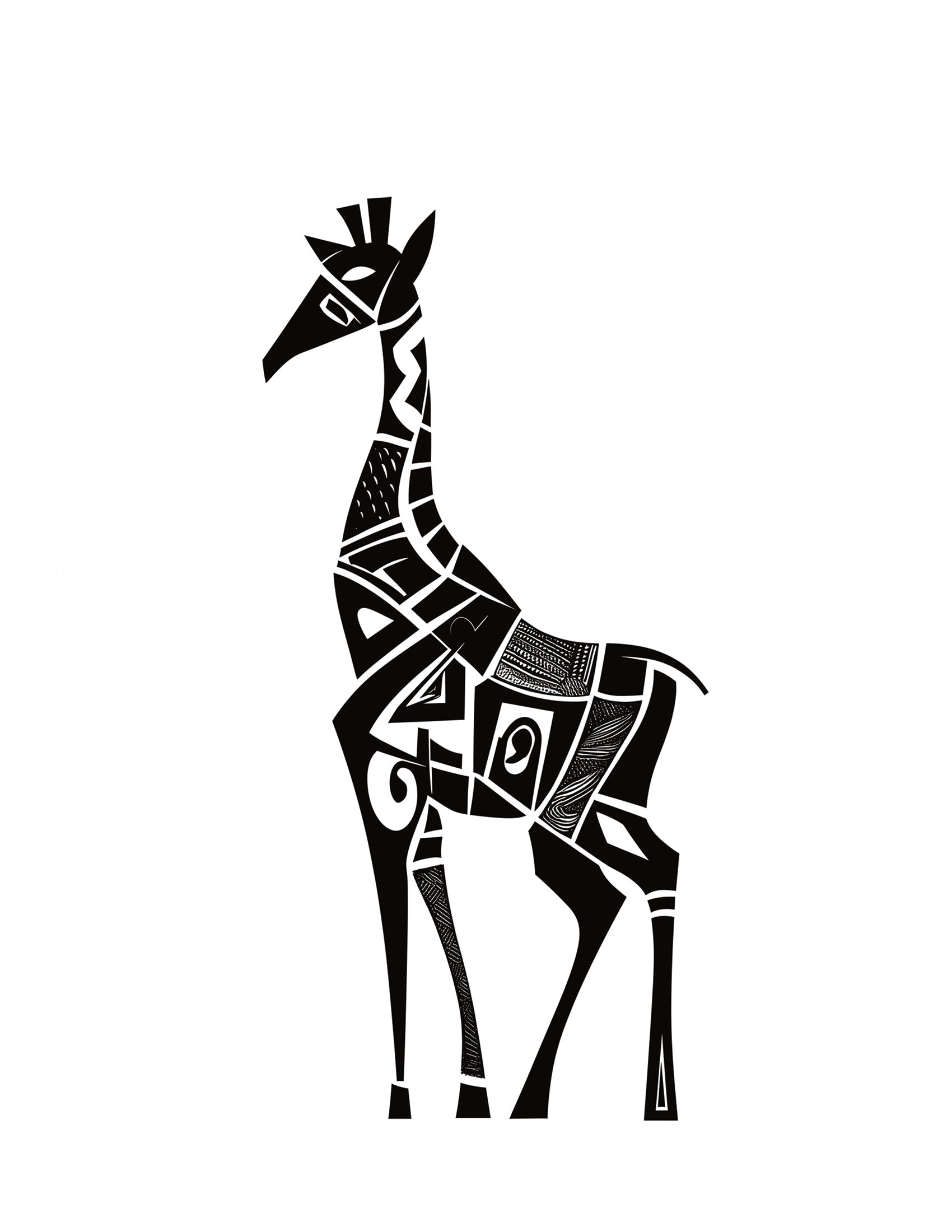 Black and white stylized giraffe illustration on a white background for gel art printing