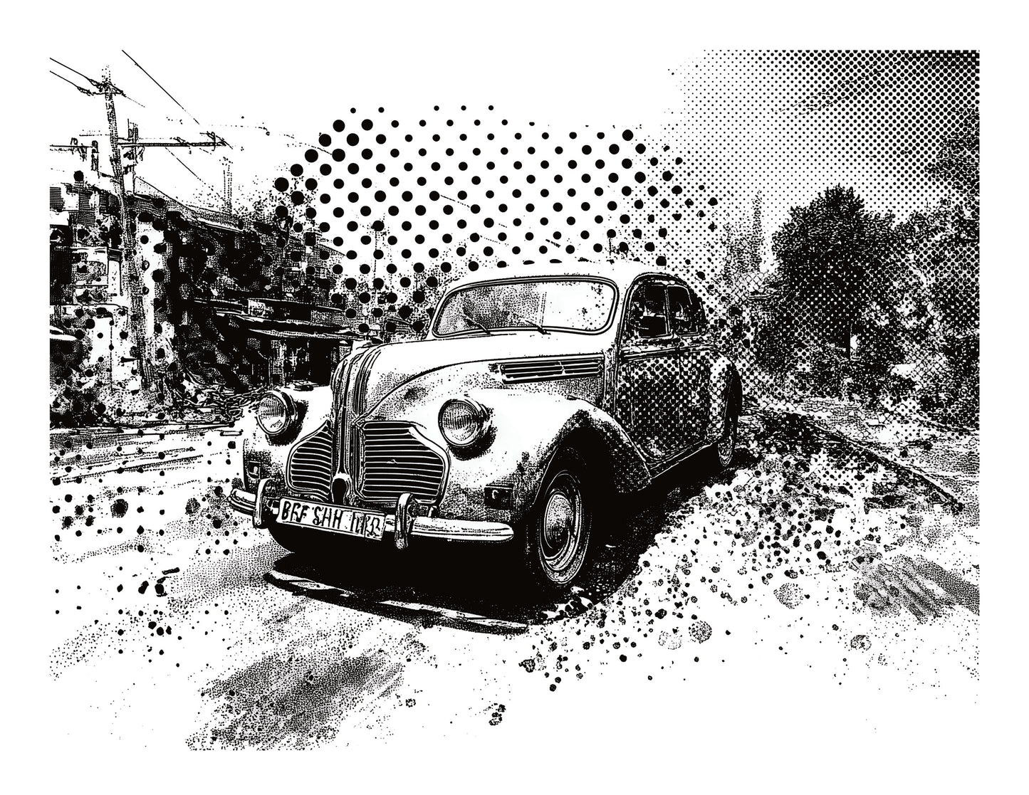 Vintage car on a road with a halftone effect for laser and inkjet gel printing