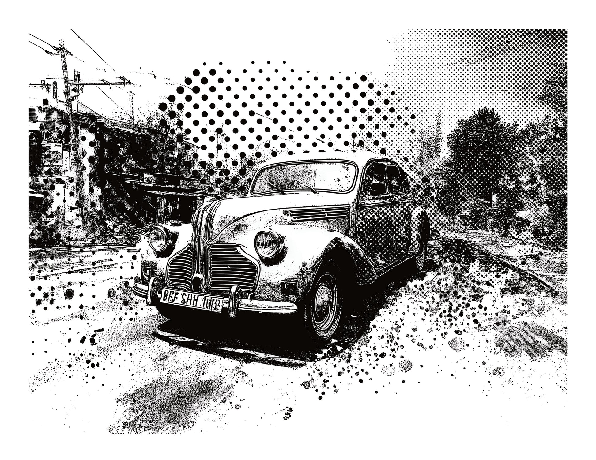 Vintage car on a road with a halftone effect for laser and inkjet gel printing