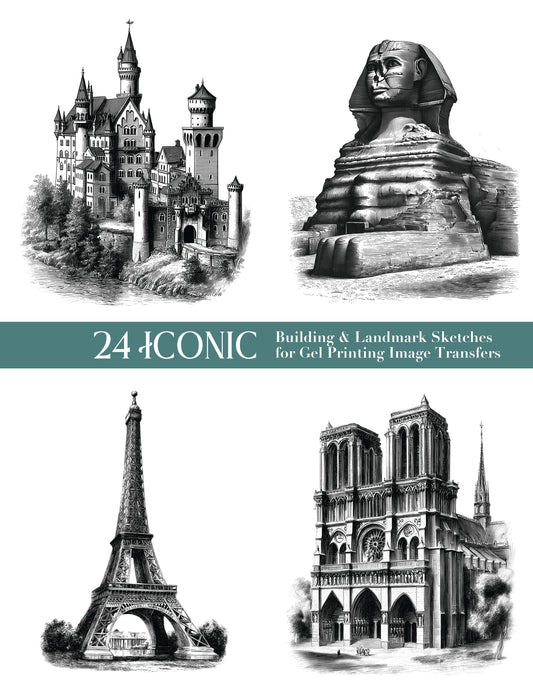 24 Iconic Building & Landmark Sketches for Gel Printing Image Transfers