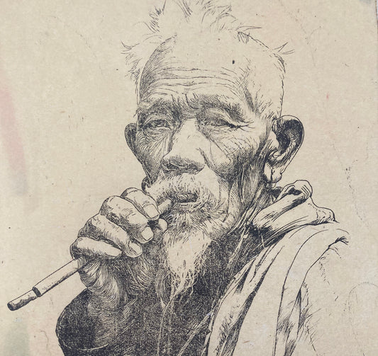 Detailed black and white line drawing of an elderly man with a beard, smoking a pipe.