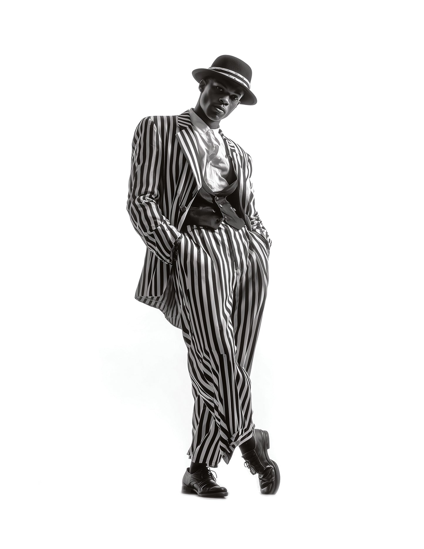 Person wearing a black and white striped suit with a hat on a white background designed for Gelli print painting