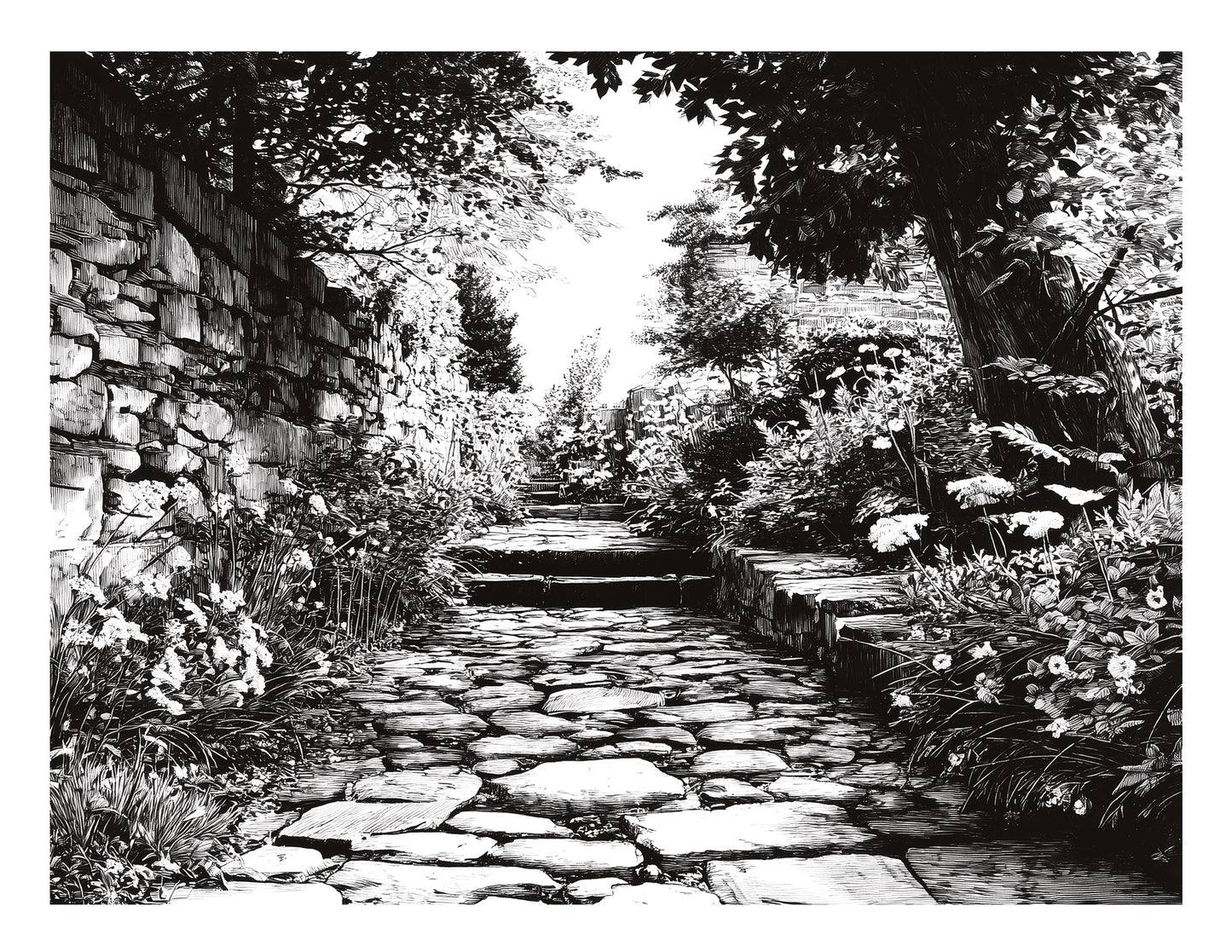 Gel print transfer with a stone path winding through a garden with stone walls and trees