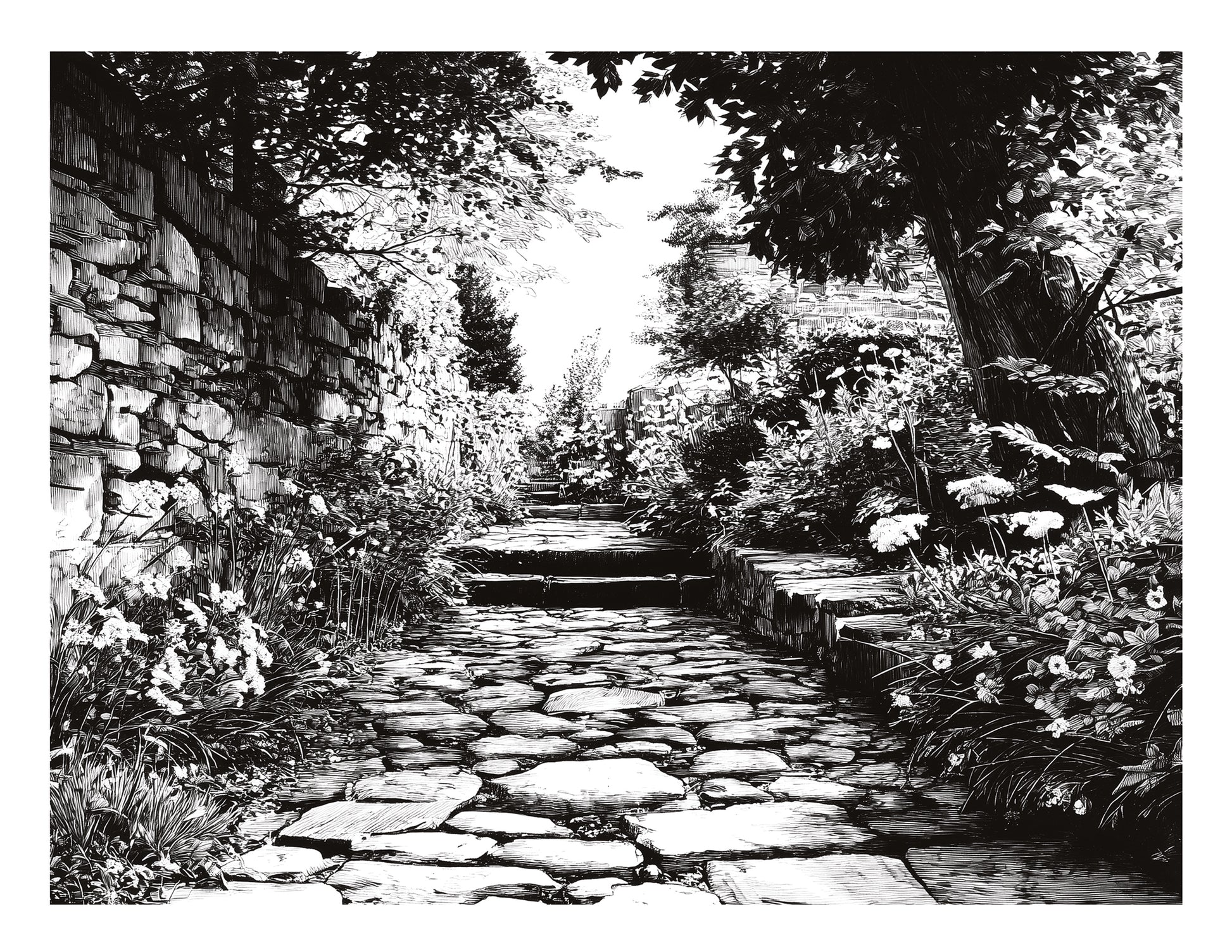Gel print transfer with a stone path winding through a garden with stone walls and trees