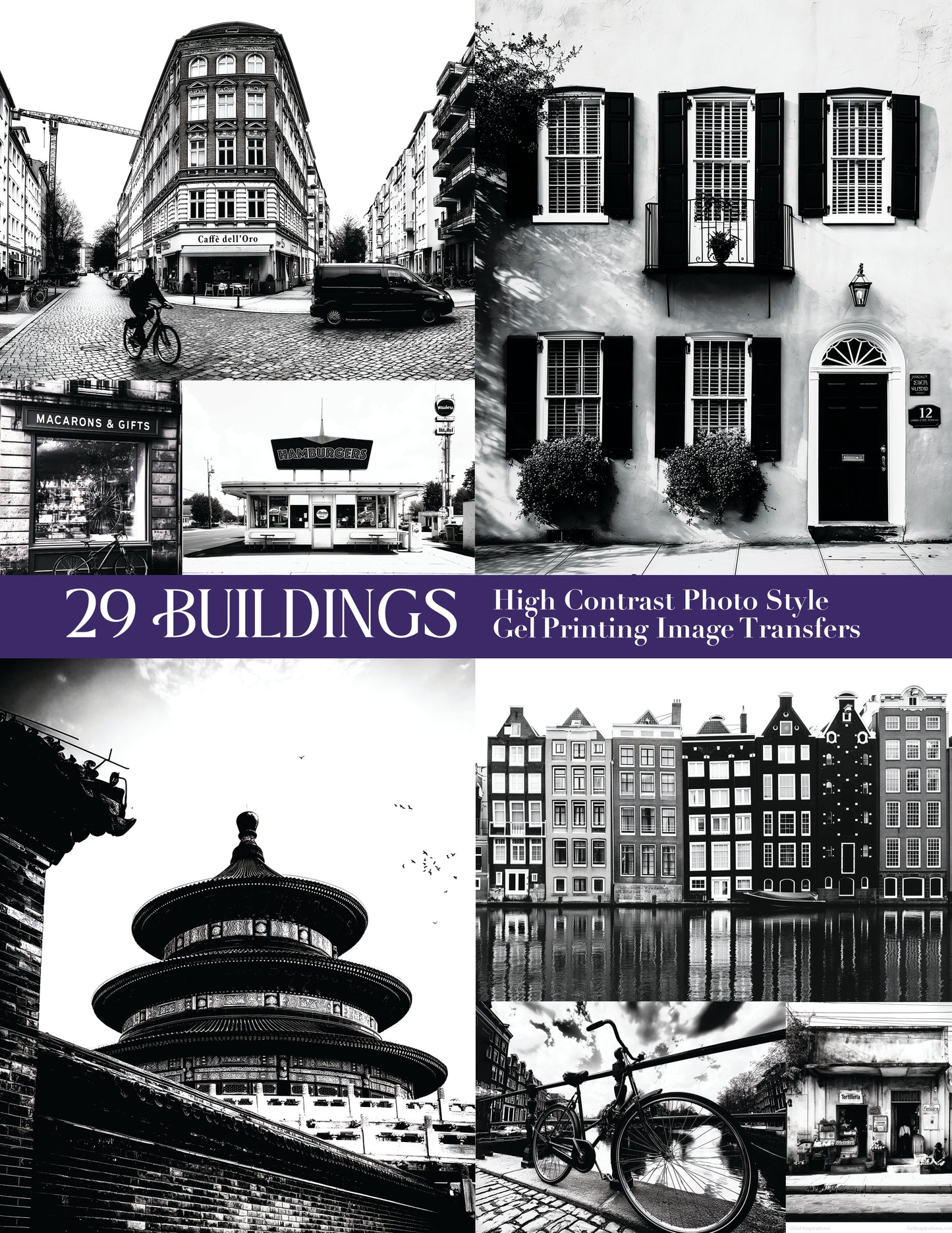 29 Buildings High Contrast Photo-Style Gel Printing Image Transfers