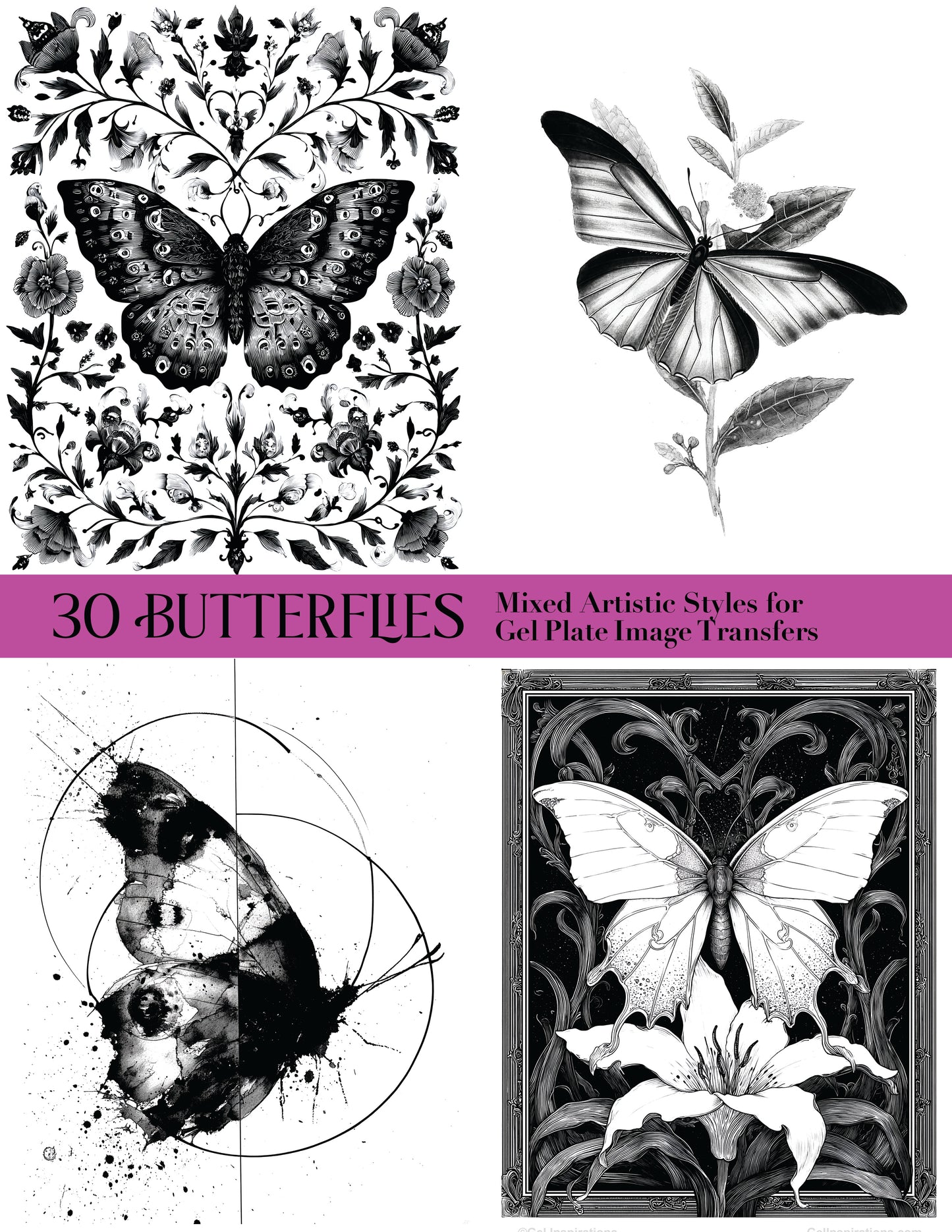 30 Butterflies Mixed Artistic Styles for Gel Plate Image Transfers