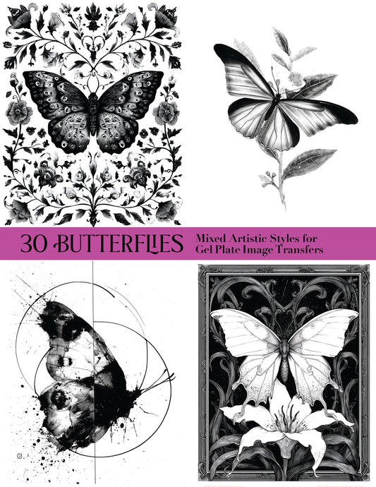 30 Butterflies Mixed Artistic Styles for Gel Plate Image Transfers