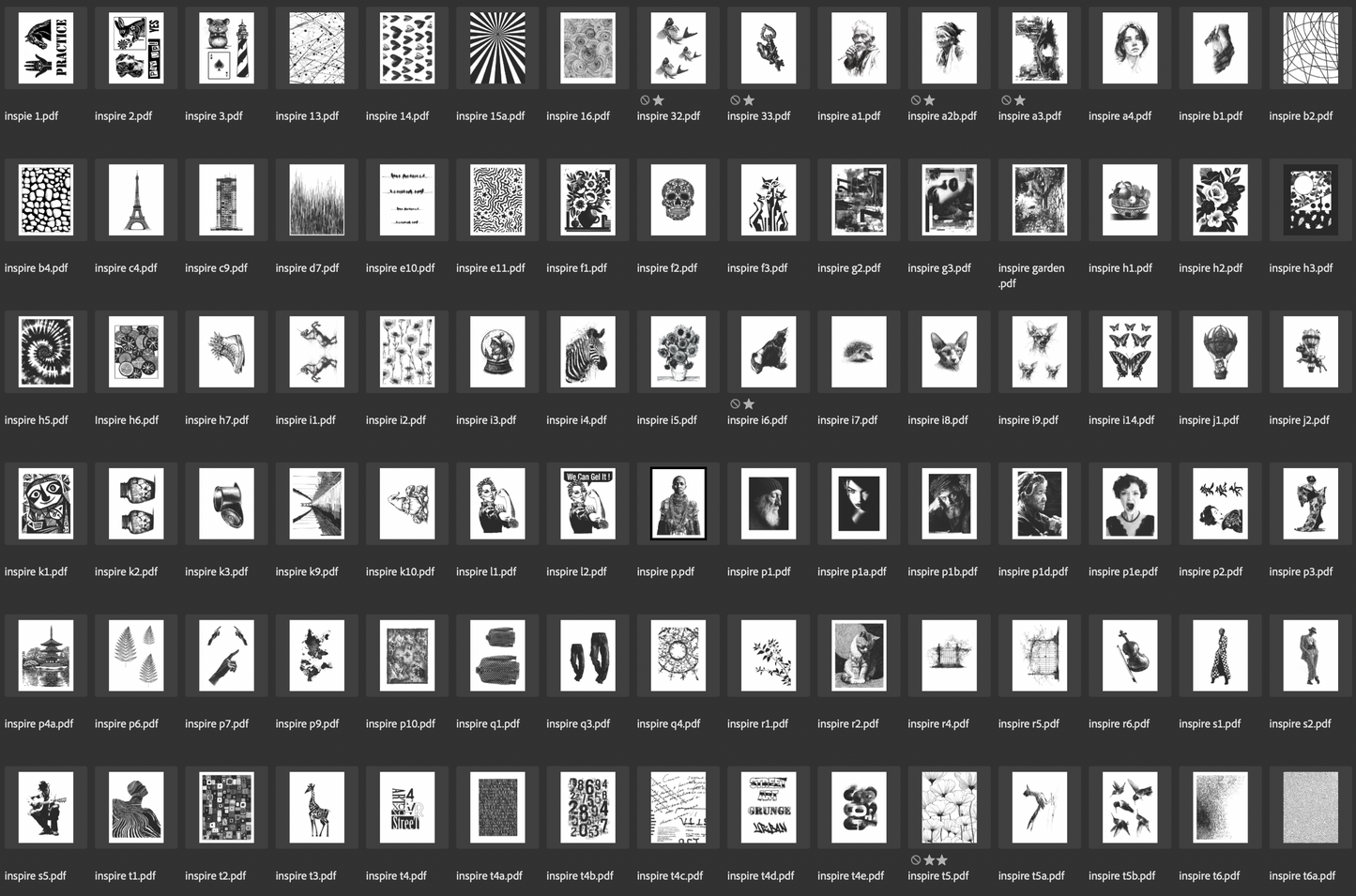 Grid of small black and white transfer images on a dark background