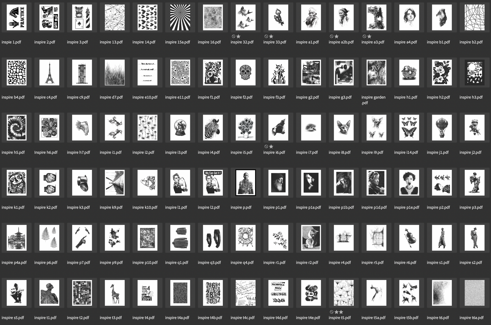 Grid of small black and white transfer images on a dark background