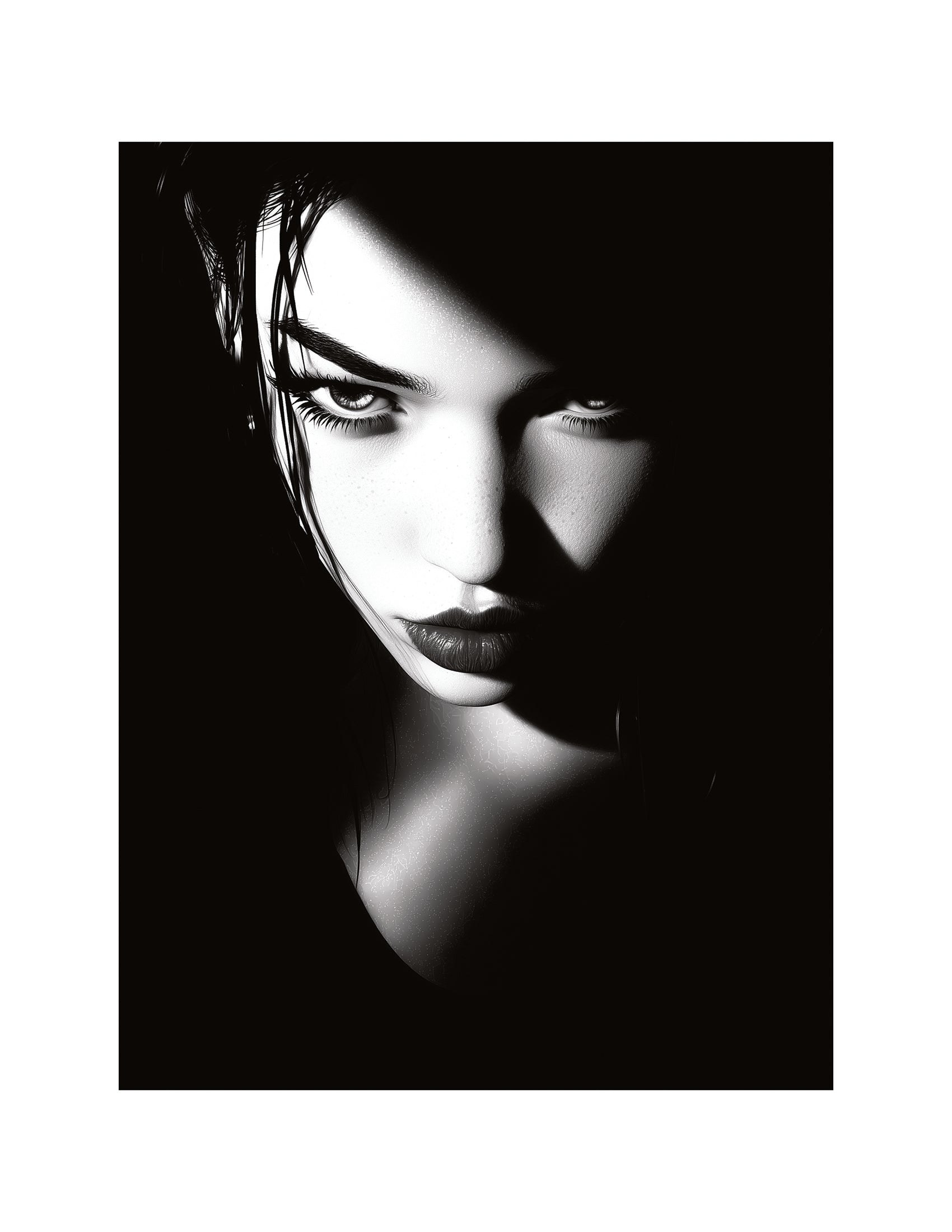 Downloadable black and white portrait of a person with dramatic lighting for gel printing artists