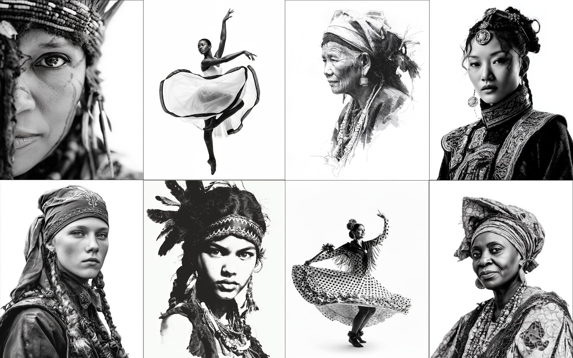 Black and white collage of people wearing traditional headscarves and headdresses.