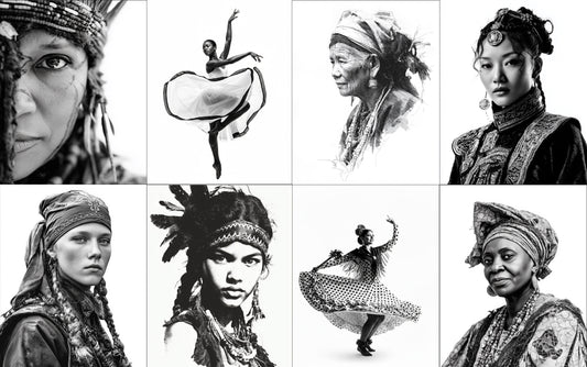 Black and white collage of people wearing traditional headscarves and headdresses.