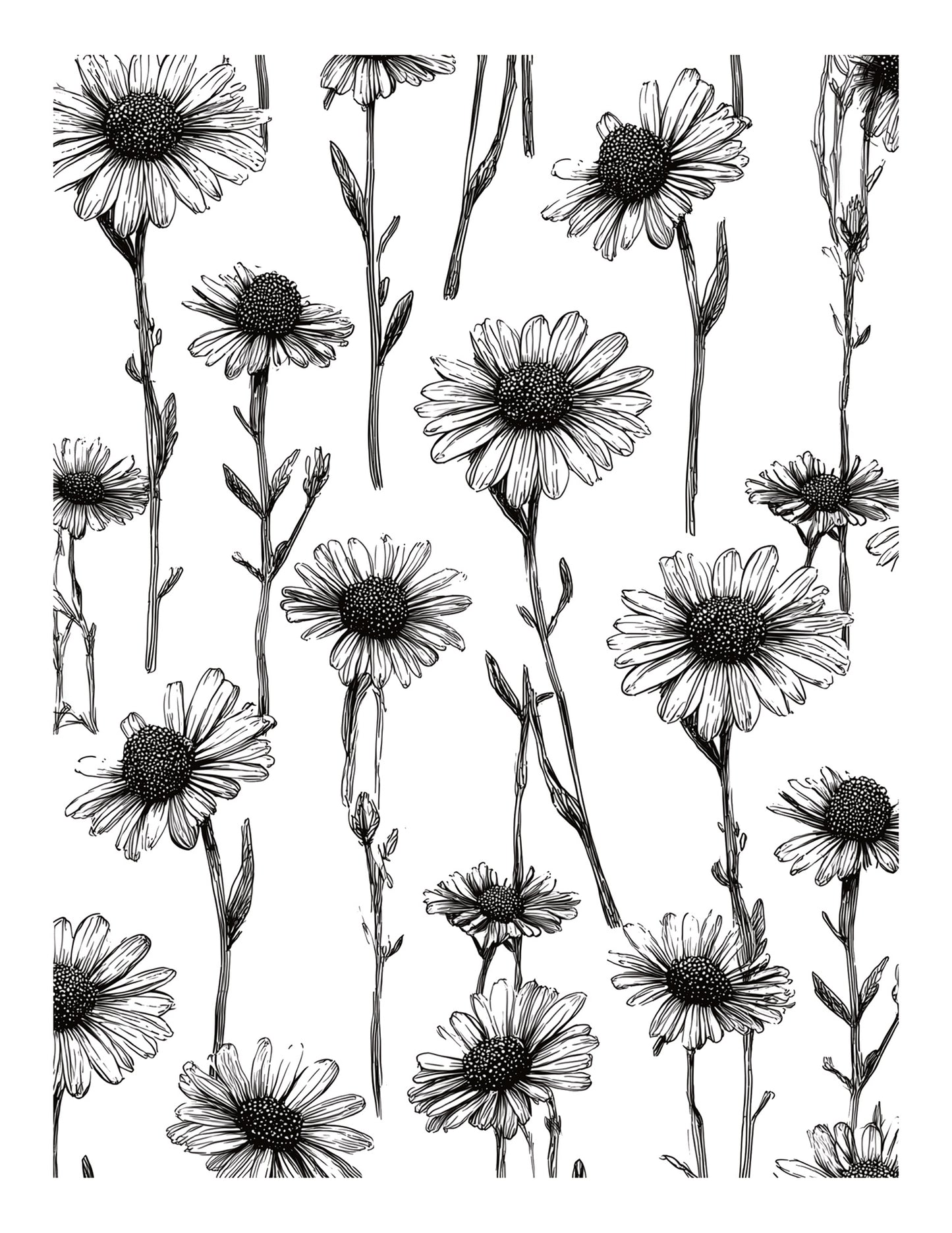 Black and white floral pattern with daisies on a white background downloadable for gel print artists