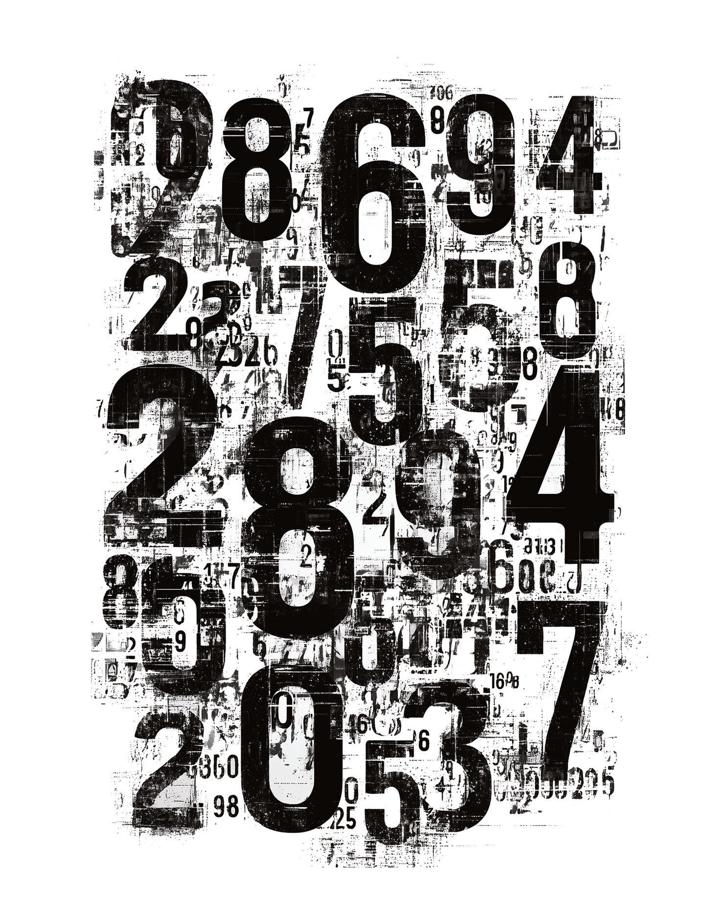Black and white collage of various numbers on a high contrast textured background for gel print transfering