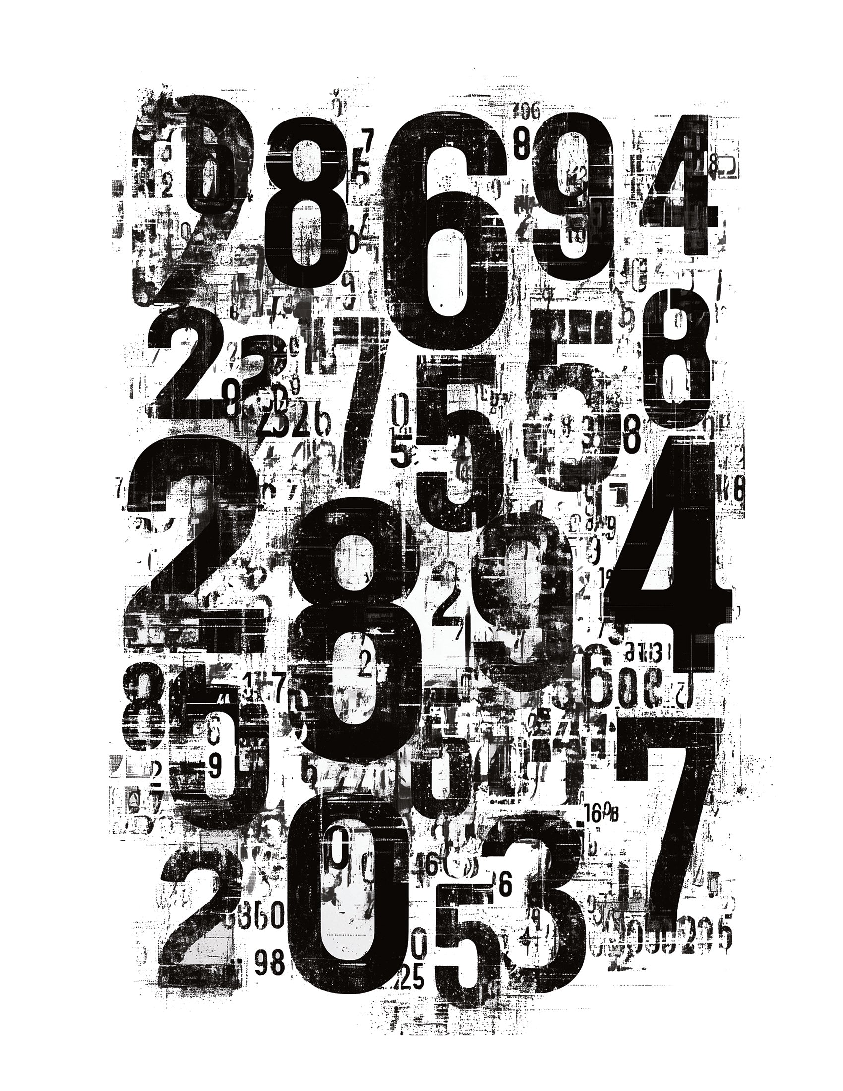 Black and white collage of various numbers on a high contrast textured background for gel print transfering
