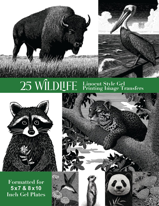 25 Wildlife Linocut Style Gel Printing Image Transfers