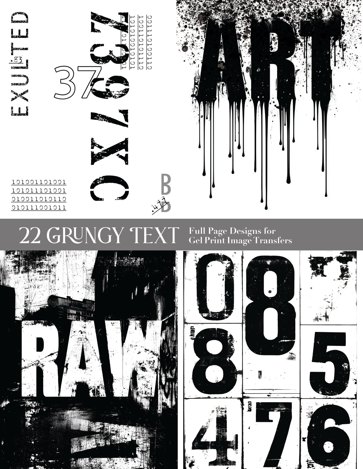 22 Grungy Text Full Page Designs for Gel Print Image Transfers