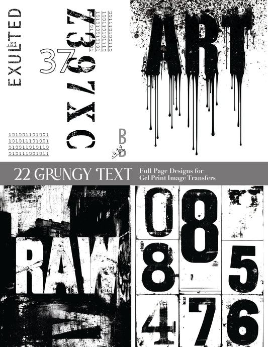 22 Grungy Text Full Page Designs for Gel Print Image Transfers