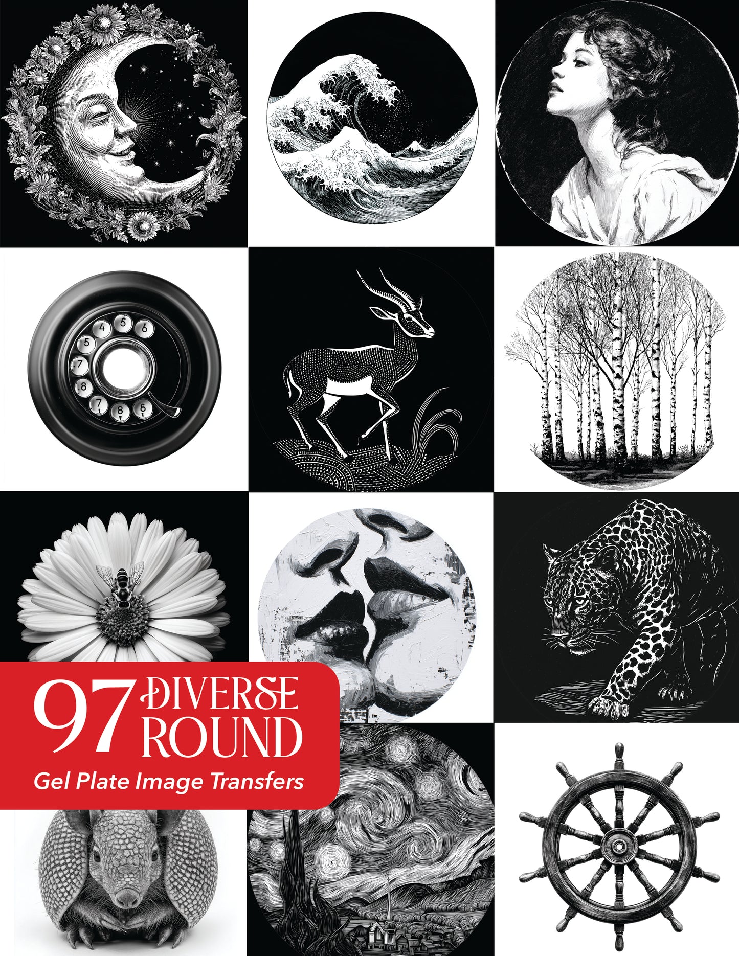 97 Diverse Round Gel Plate Image Transfers for 6 and 8 Inch Printing