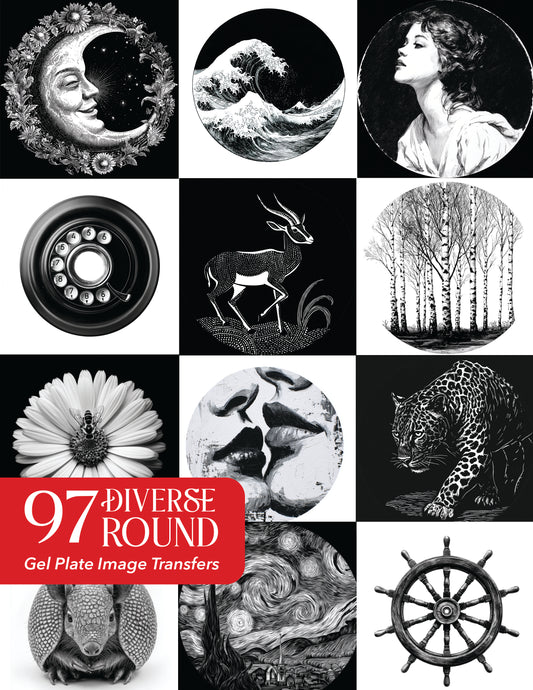 97 Diverse Round Gel Plate Image Transfers for 6 and 8 Inch Printing