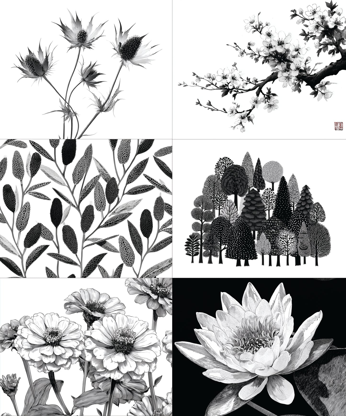 Collage of black and white nature-themed illustrations including plants, trees, and flowers.
