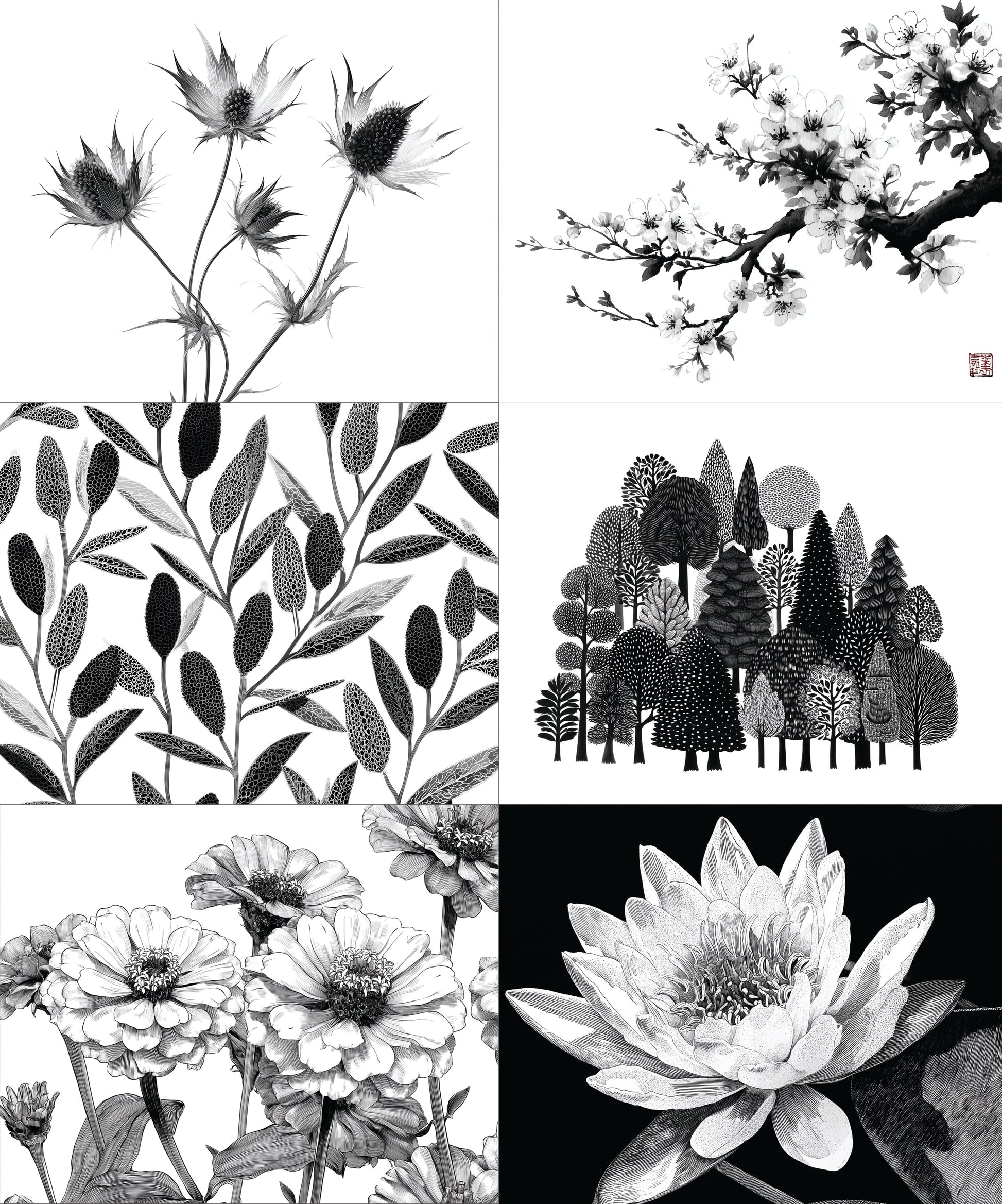 Collage of black and white nature-themed illustrations including plants, trees, and flowers.