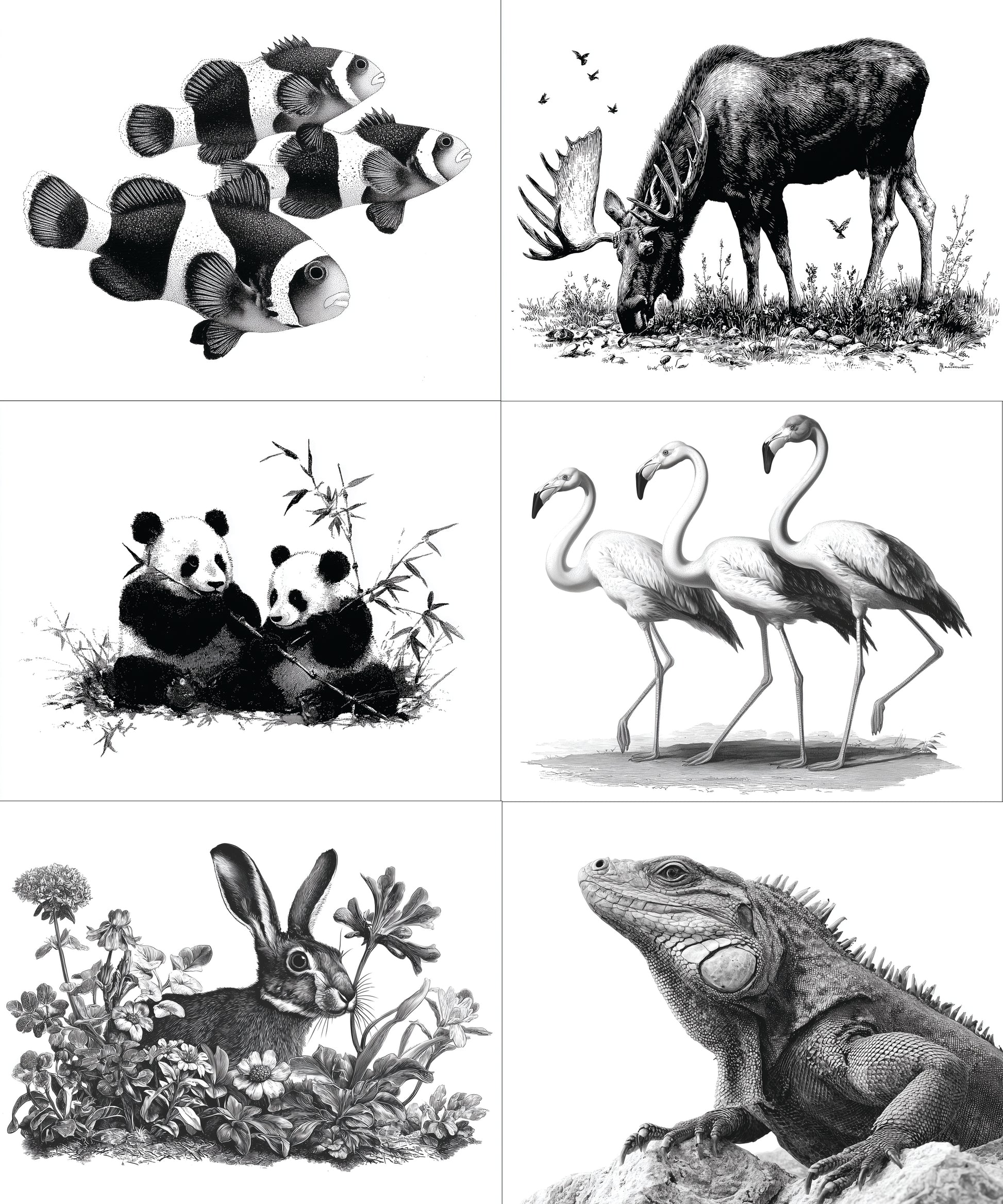 Set of six black and white illustrations of various animals including fish, moose, pandas, flamingos, a rabbit, and a lizard.