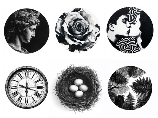 97 Diverse Round Gel Plate Image Transfers for 6 and 8 Inch Printing