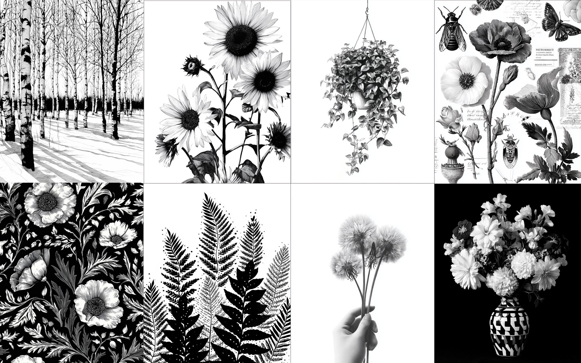 Black and white illustrations of flowers and nature scenes.