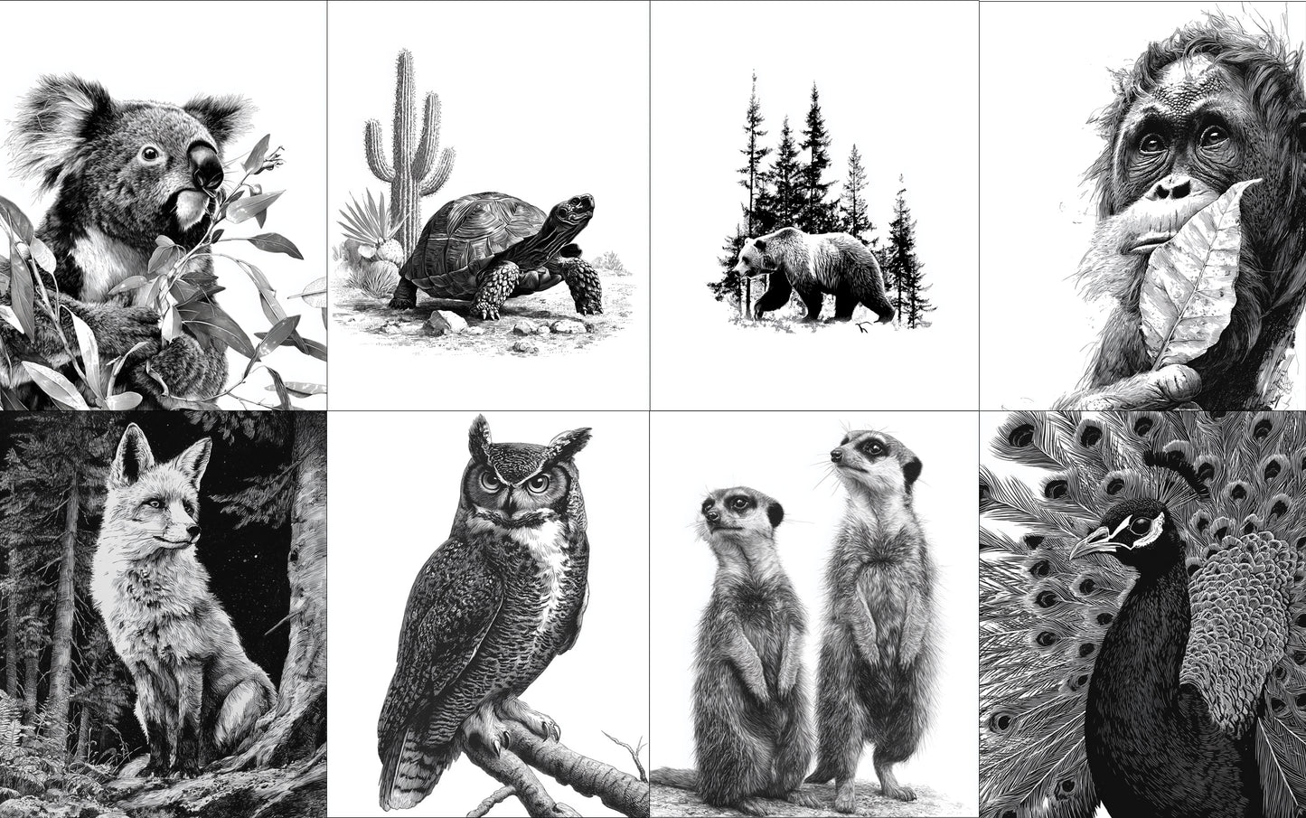 Grid of black and white illustrations of various animals including a koala, turtle, bear, monkey, fox, owl, and meerkat.