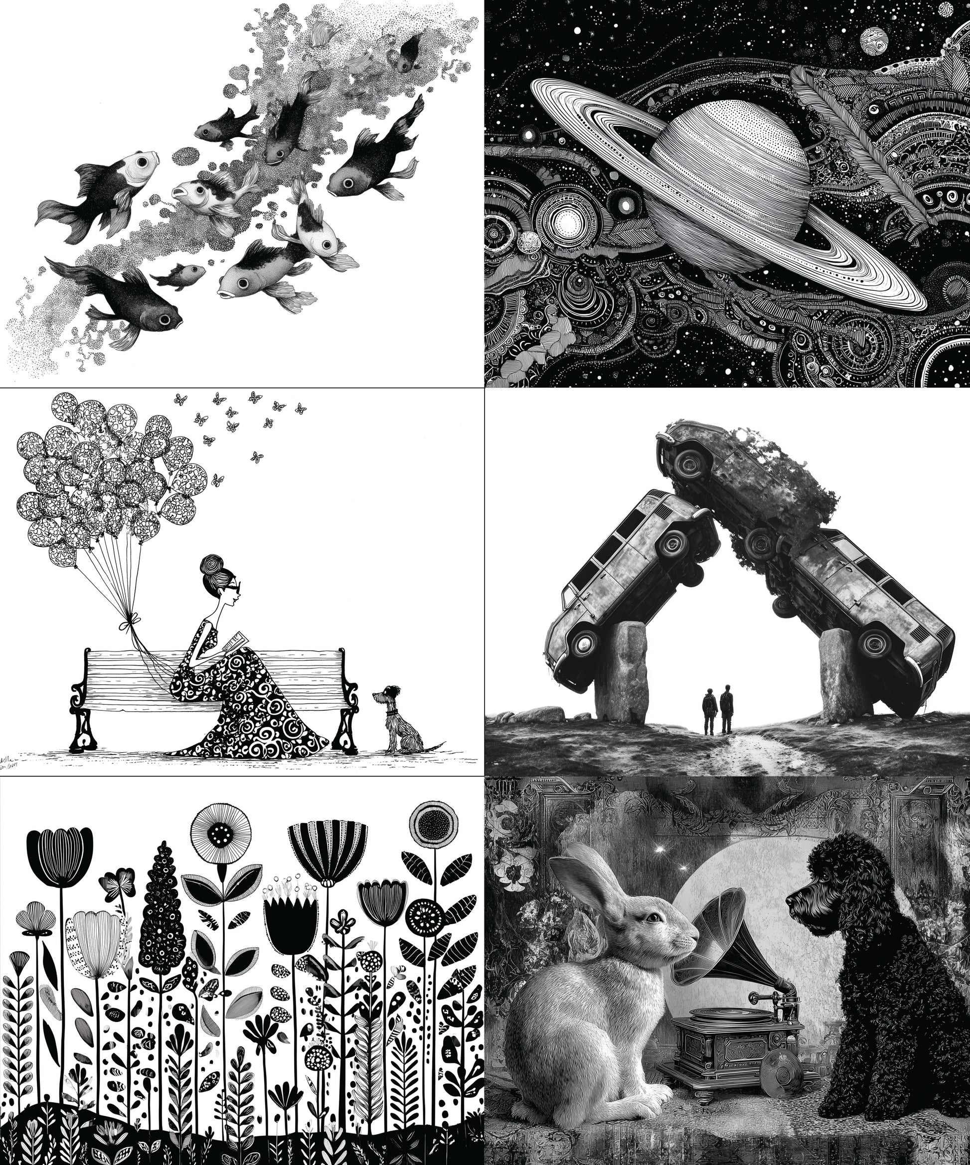 Collage of various black and white illustrations including a woman with balloons, a space scene with Saturn, a bench with a woman and dog, a car accident, and two dogs greeting each other.