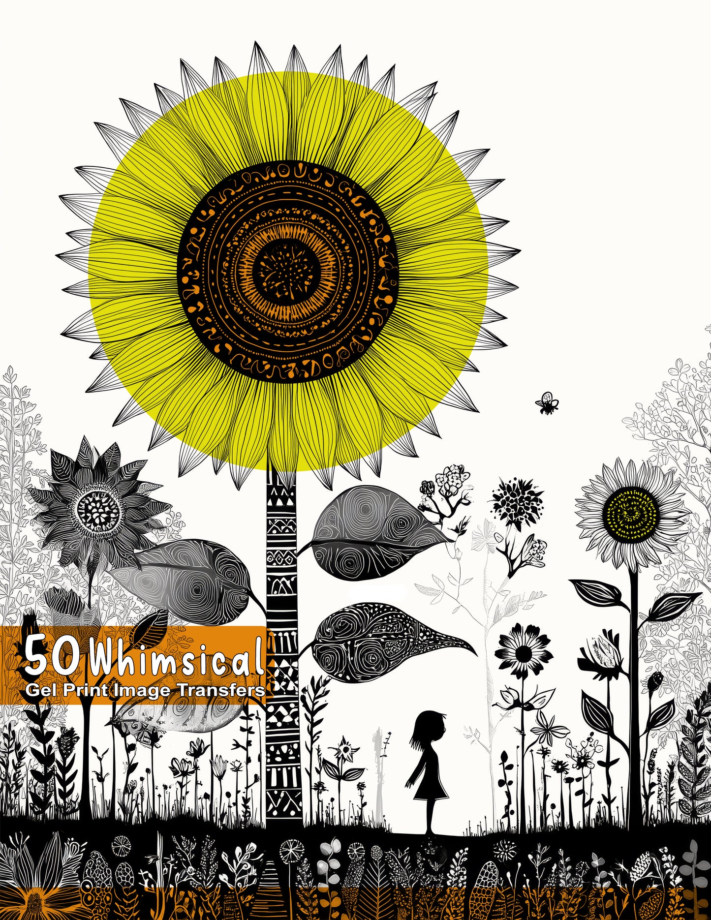 Gel print image transfer with a large yellow sunflower and black and white floral design.