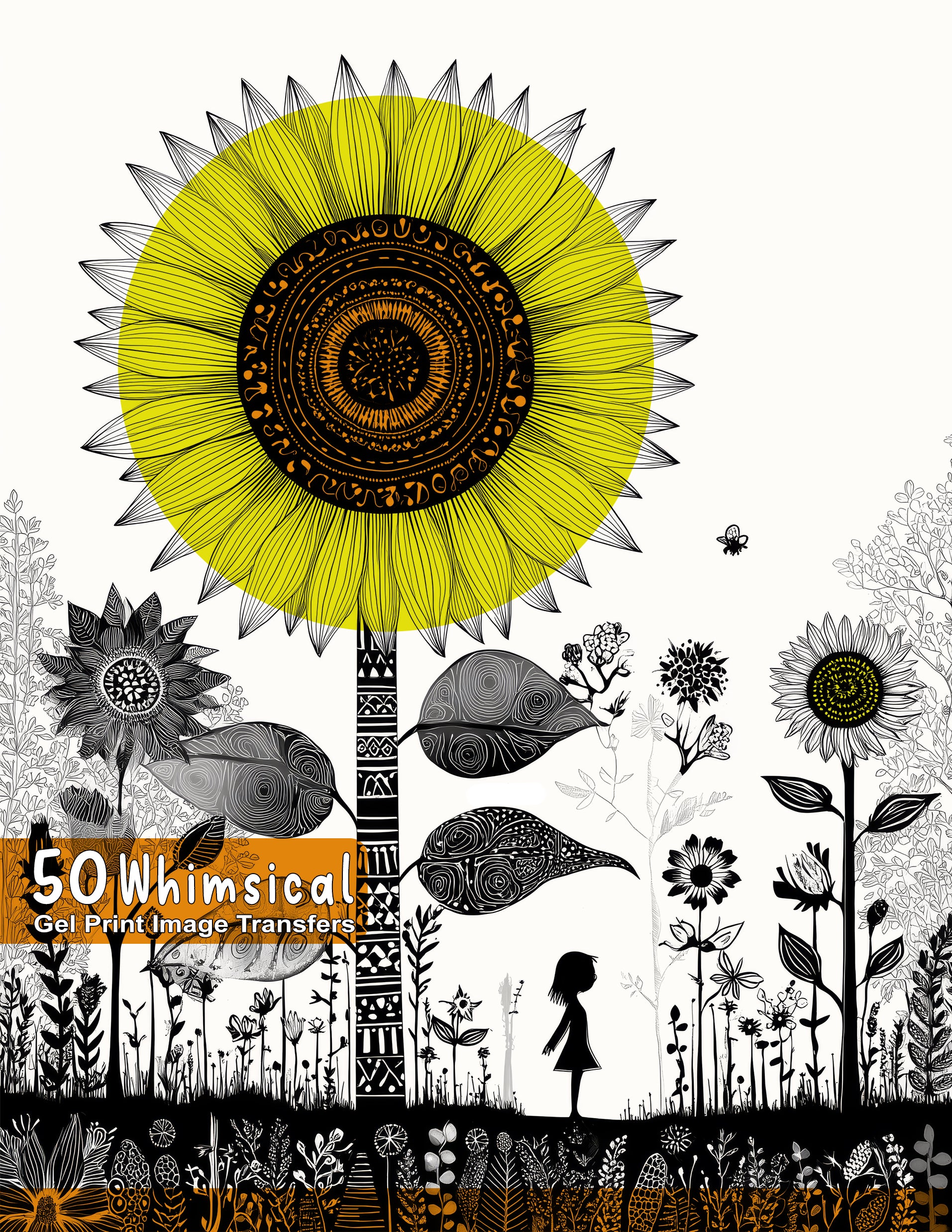 Gel print image transfer with a large yellow sunflower and black and white floral design.