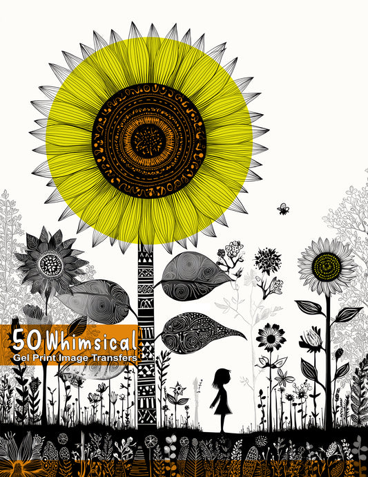 Gel print image transfer with a large yellow sunflower and black and white floral design.